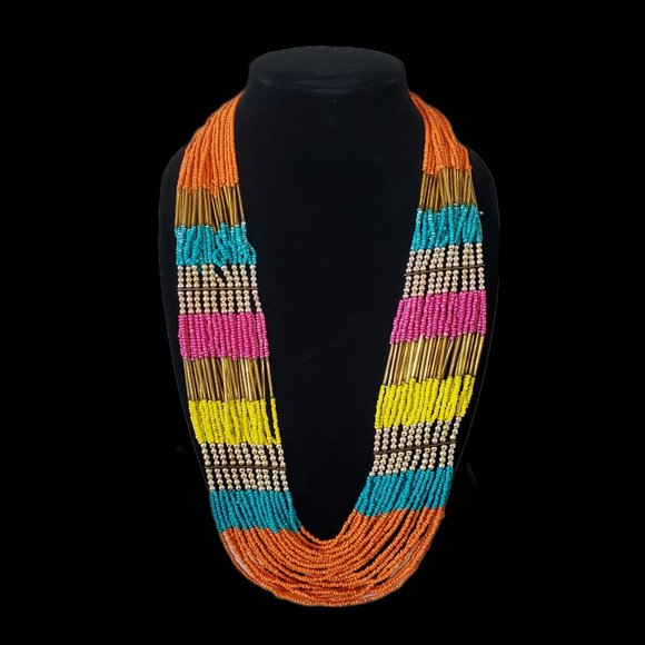 29" Vibrant Tribal Boho Multi-Strand Vibrant Color Statement Necklace - Picture 2 of 8